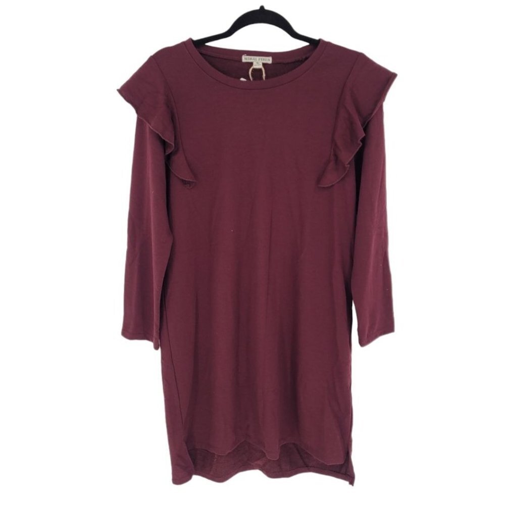 Moral fiber womens XL Wine purple long sleeve ruffle flutter Dress nwt old stock